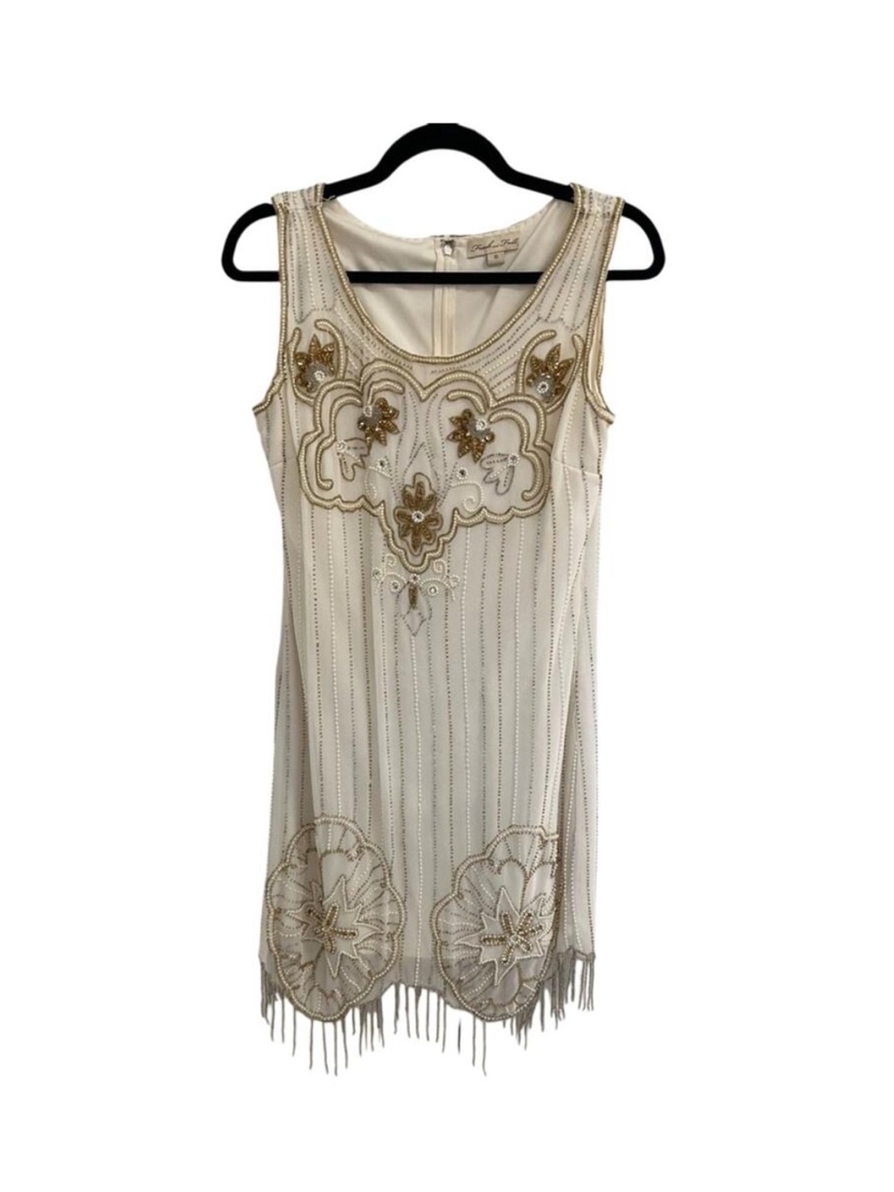 Frock and Frill Cream Gold Flapper Beaded Rhinestone Dress Women’s 10 Gatsby